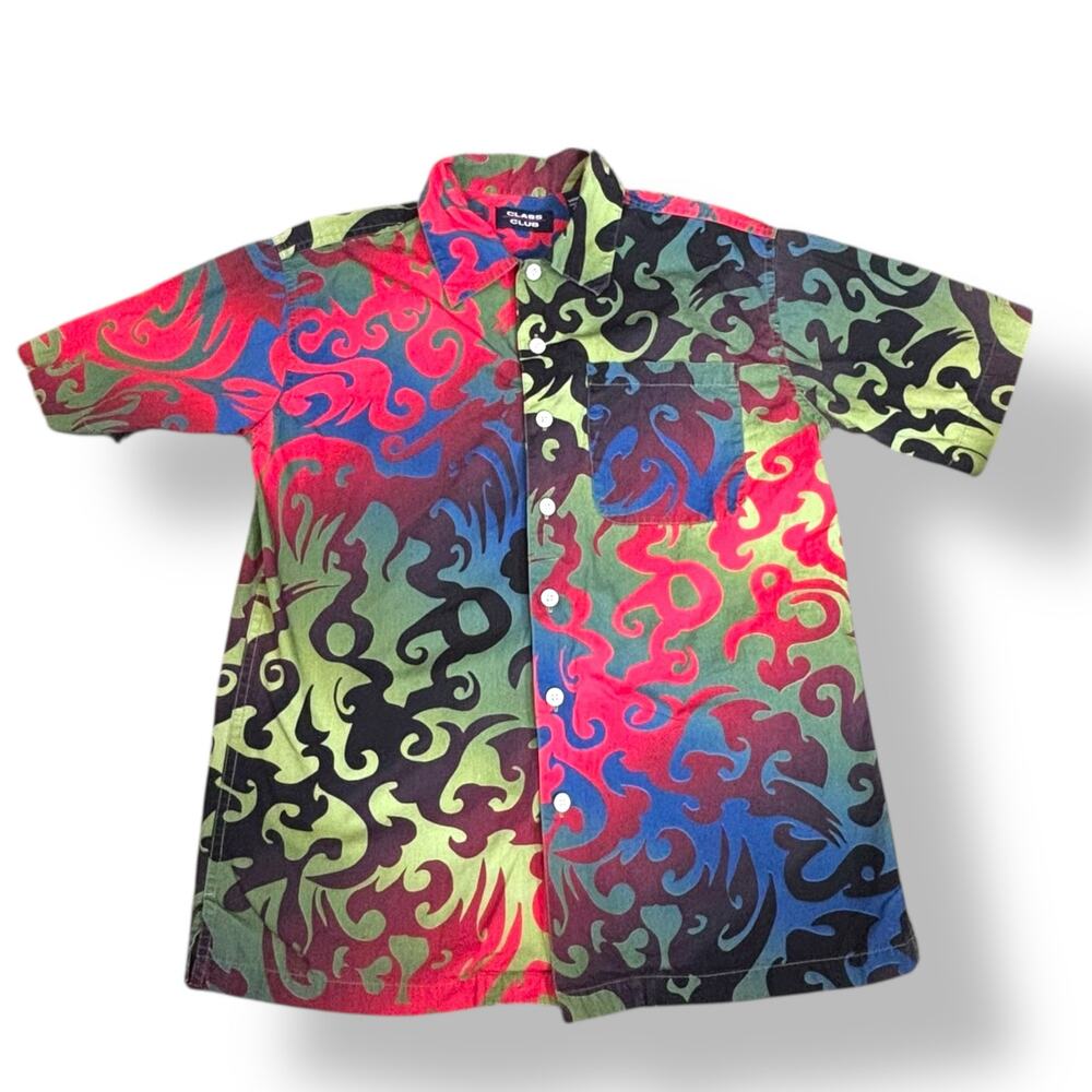 Vintage Y2K Class Club Colorful Abstract Flame Print Button Down Shirt Medium